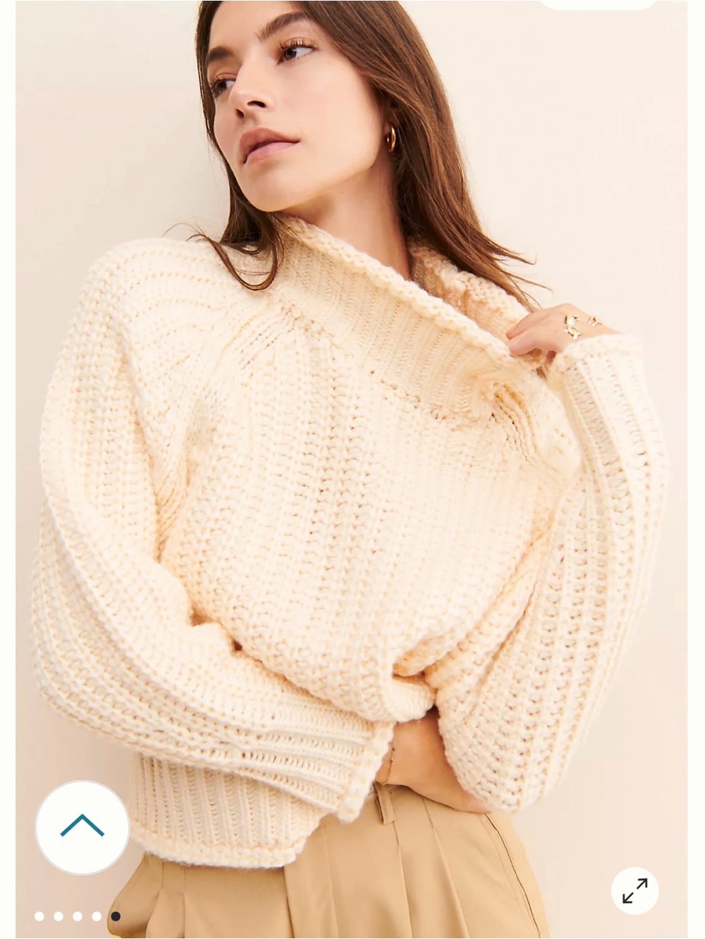 Anthropologie En Saison Cream Chunky Knit Oversized Mock Neck Rolled Hem Sweater